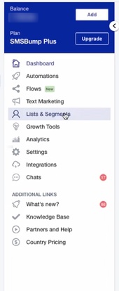 Menu in SMSBump Plus with Lists and Segments highlighted