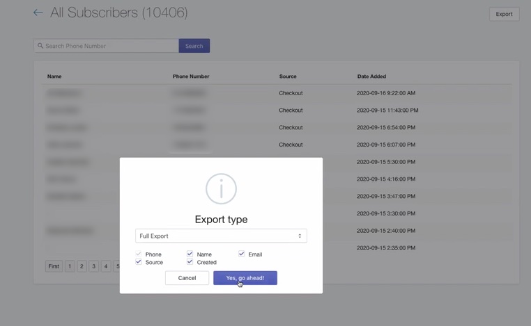Export type popup over subscriber list with Yes, go ahead! with purple background