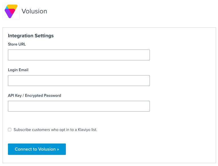 Volusion integration settings page in Klaviyo with settings such as Store URL and Login Email