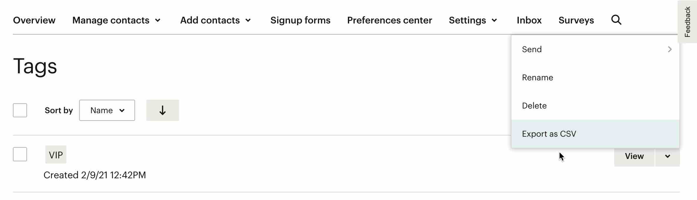 In Mailchimp’s Tags settings, View menu is selected on right-hand side of page for VIP tag, and mouse is hovering near Export as CSV option