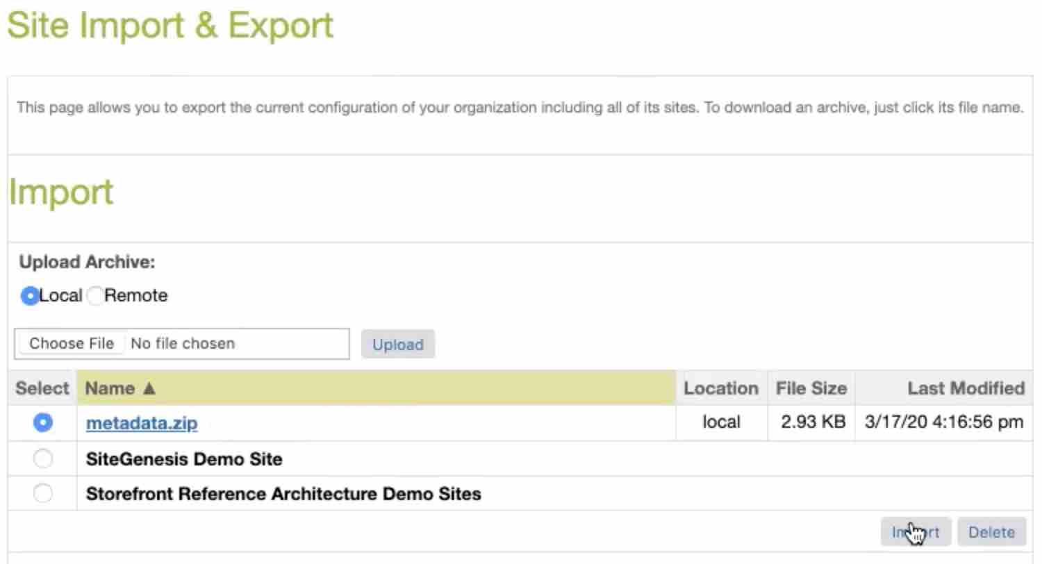 Site Import & Export page with Import selected