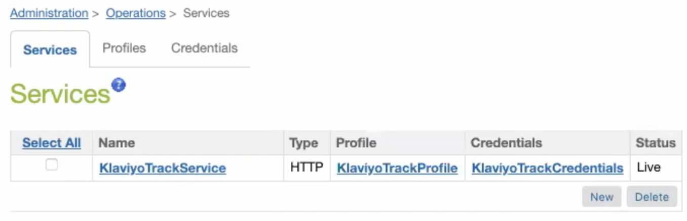 Services list showing KlaviyoTrackService, New, and Delete