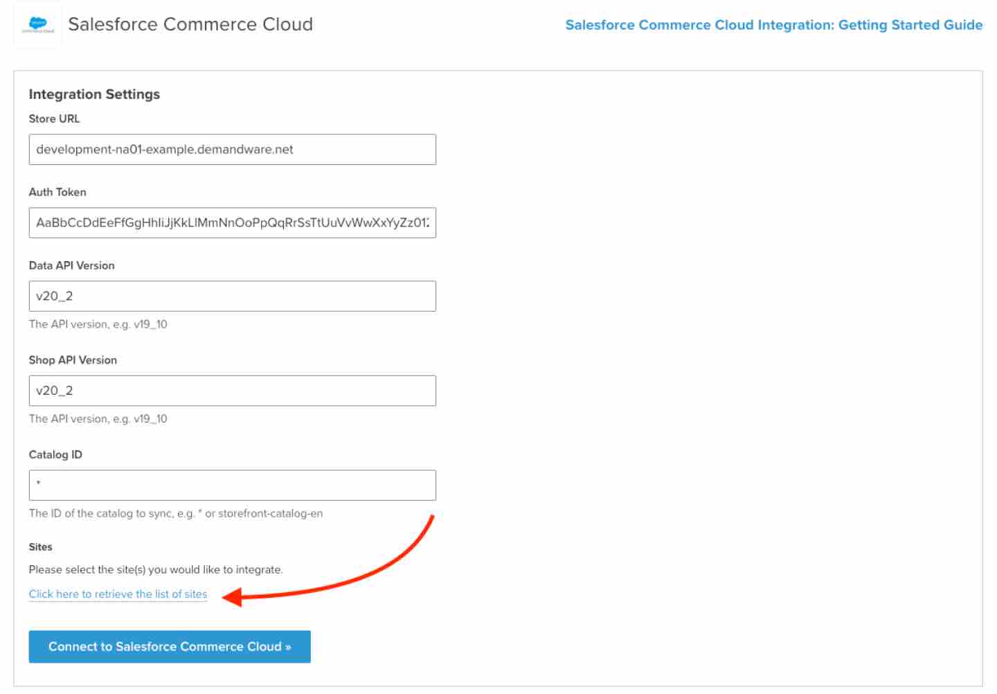 Salesforce Commerce Cloud integration settings page in Klaviyo with link to site list in blue