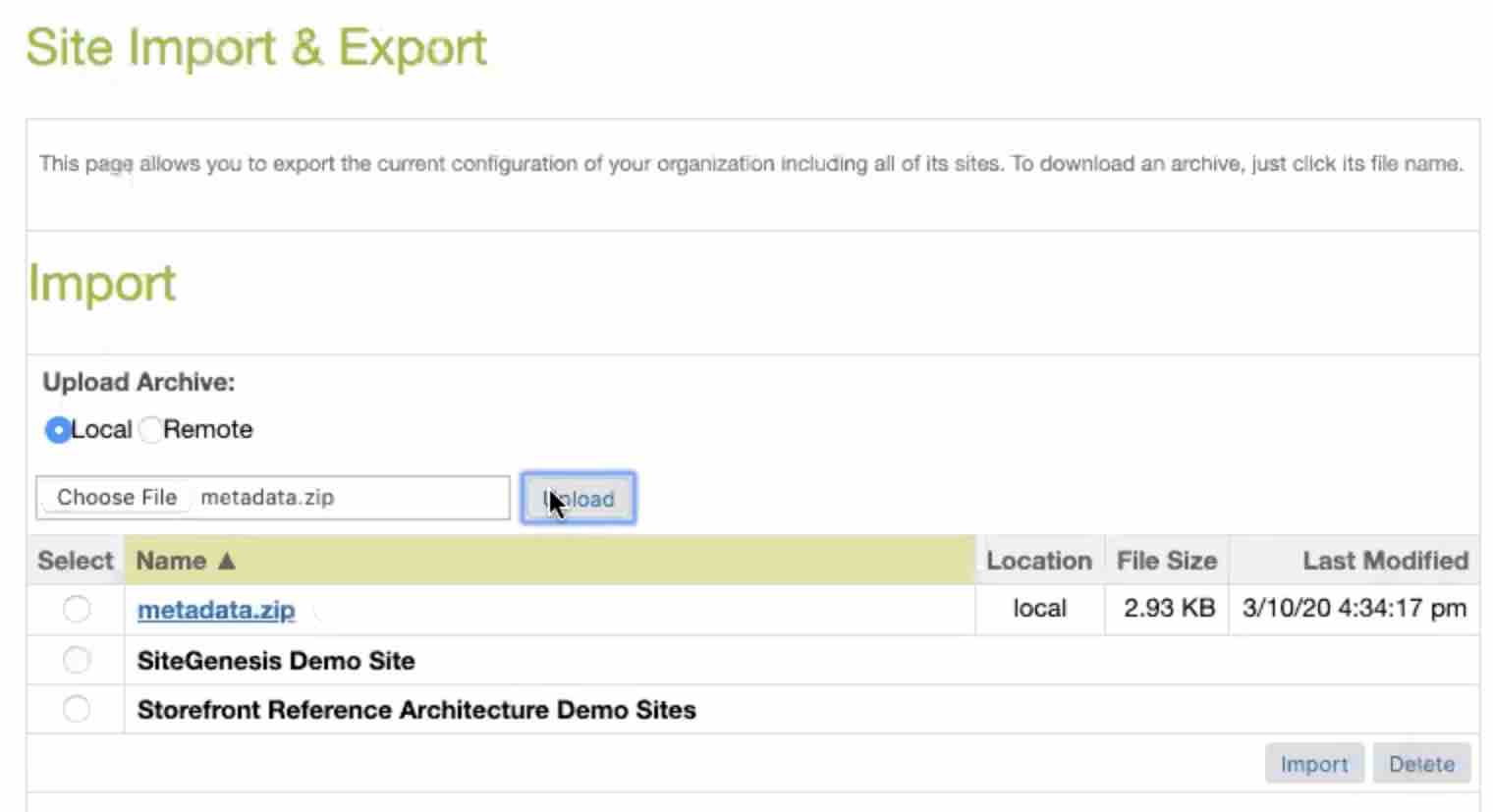 Site Import & Export page with Upload selected