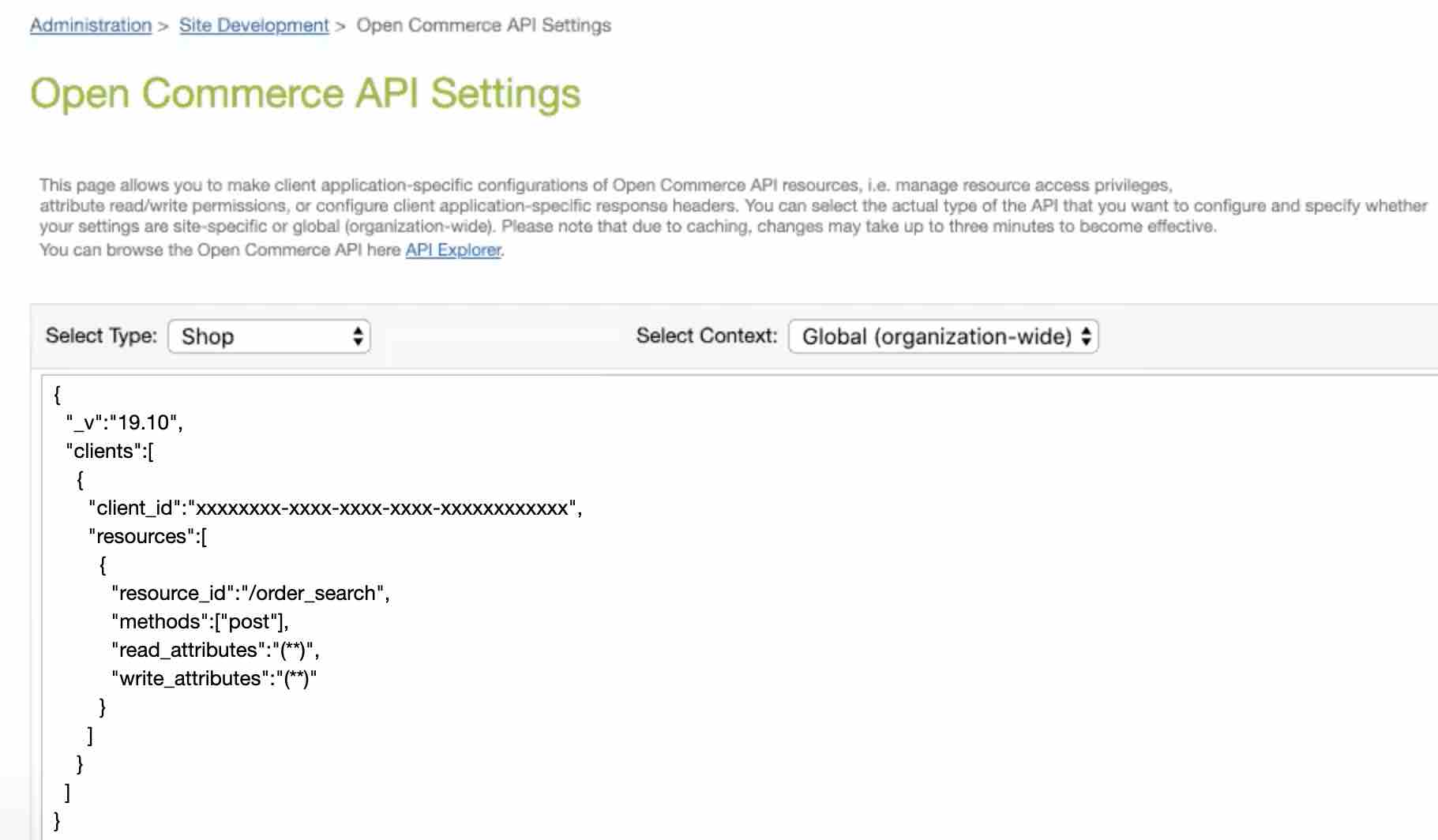 Open Commerce API Settings with Shop type selected