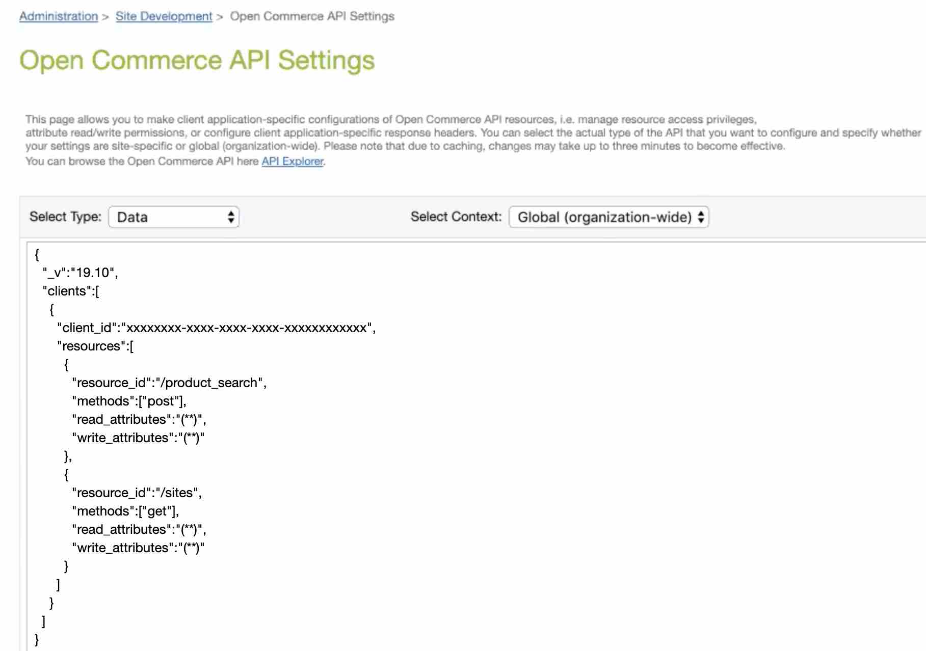 Open Commerce API Settings with Data type selected