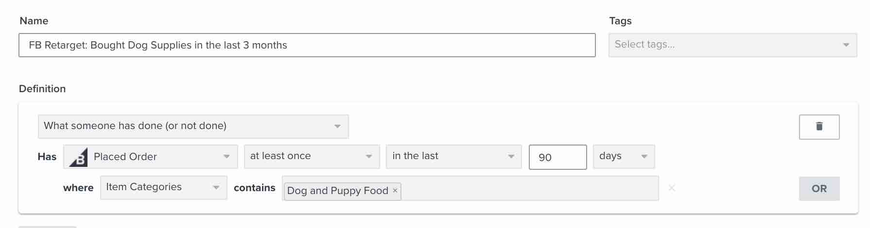 Segment of customers that have recently purchased dog food in Klaviyo segment builder