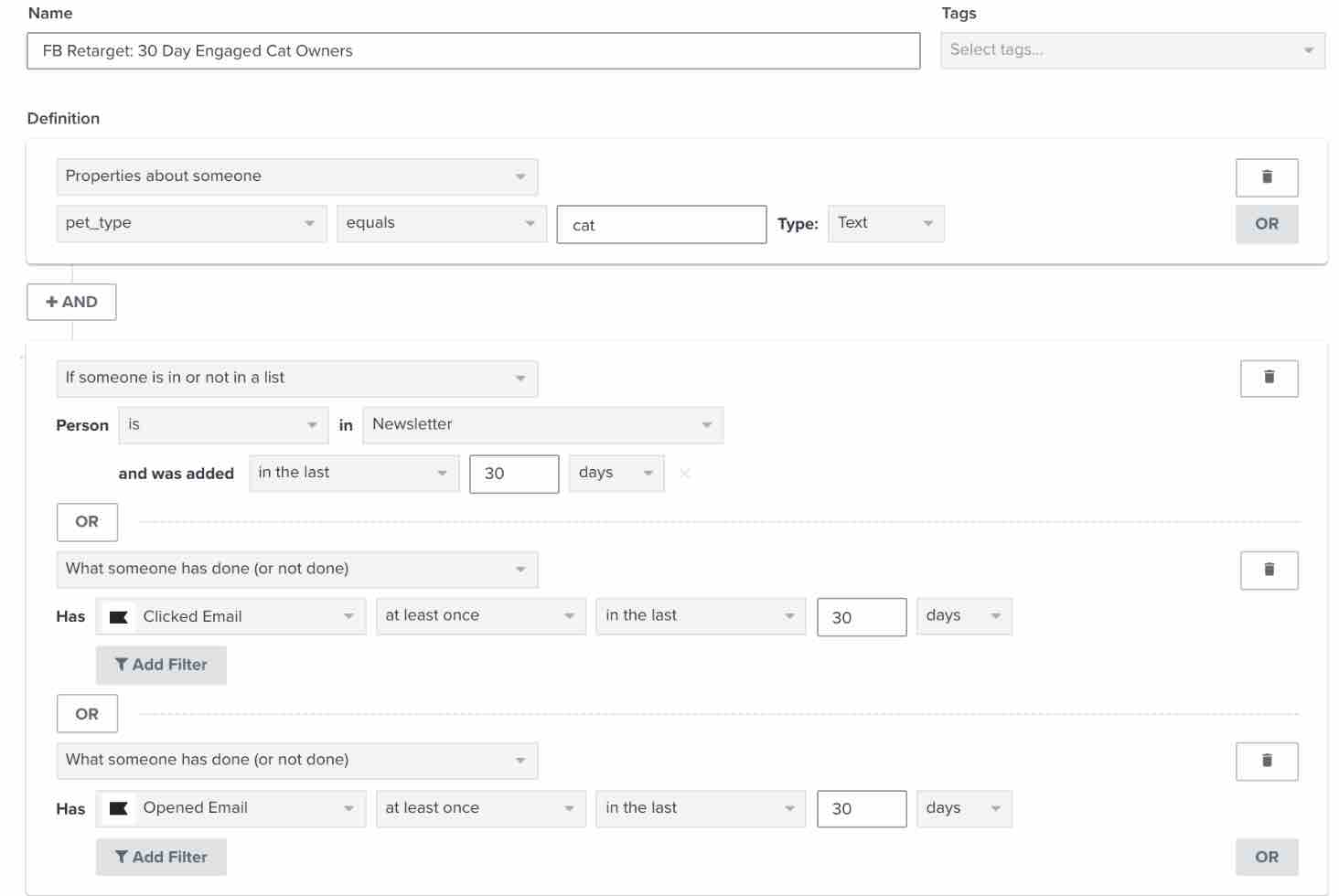 Segment der Katzenbesitzer, die sich in den letzten 30 Tagen mit deiner Marke beschäftigt haben, in Klaviyo Segment builder