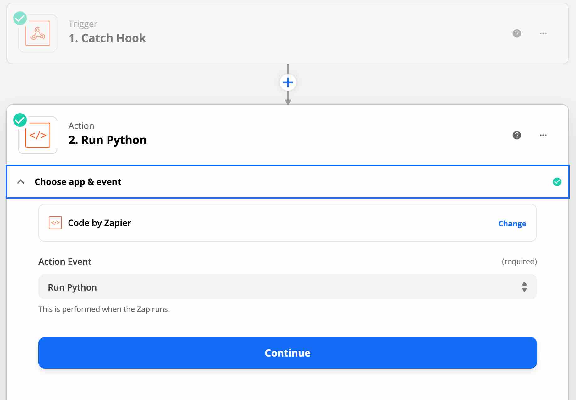 The Run Python Action Event is selected, and the blue Continue button is displayed in the Zapier webhook setup