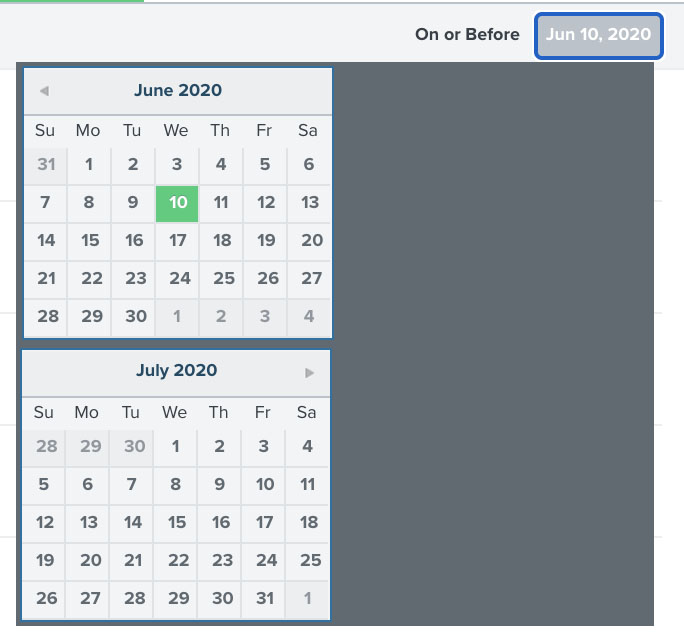 Example of two calendar start and end date pickers with date highlighted for start date on top calendar