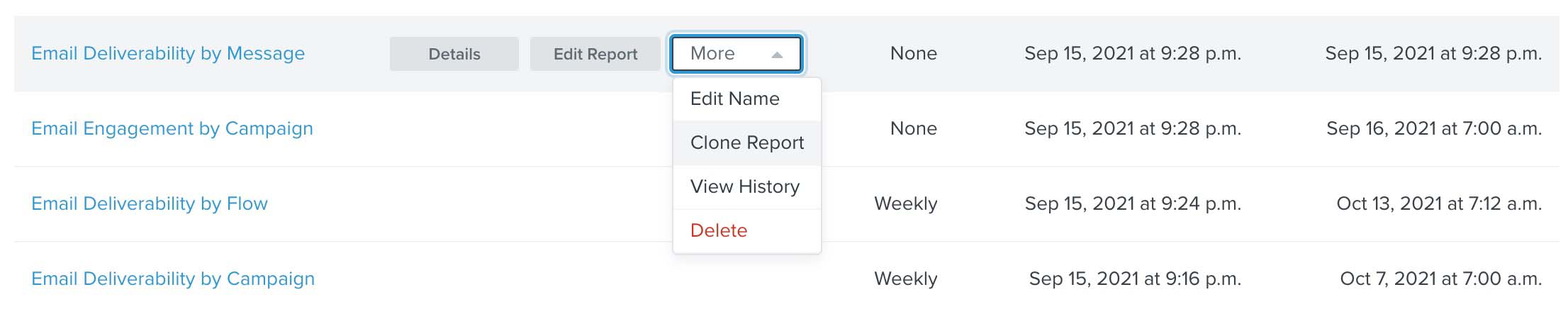 Report inside custom reports list, with More dropdown open and clone report chosen
