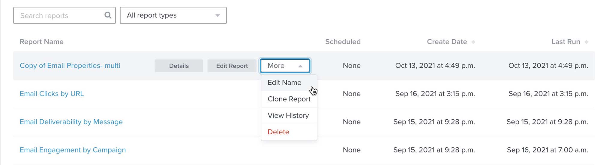 Copy report inside custom reports list, with More dropdown open and Edit Name chosen