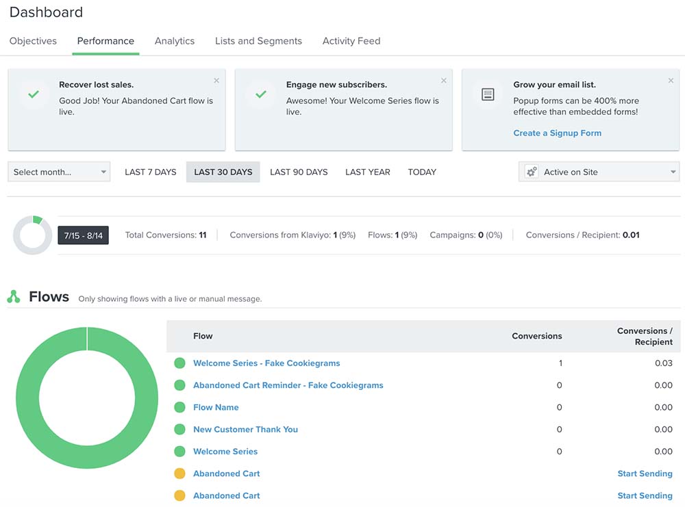 View of the performance dashboard report page