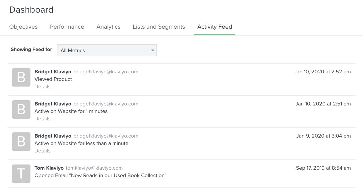 View of the activity feed page with user information and timestamps below