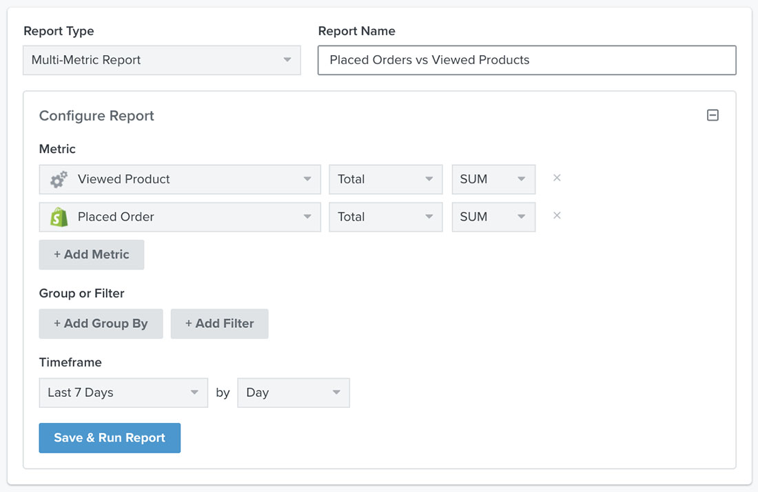 Example of a multi metric report with view and order product metrics, timeframe as last 7 days, and grouped by day
