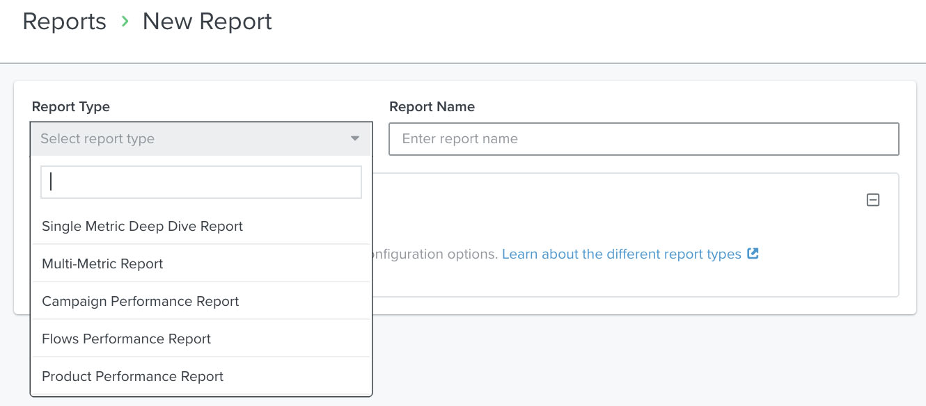 New report creation modal with report type dropdown open on left and blanket field for name on right