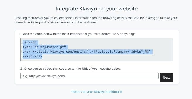 Example of the web tracking snippet highlighted to copy