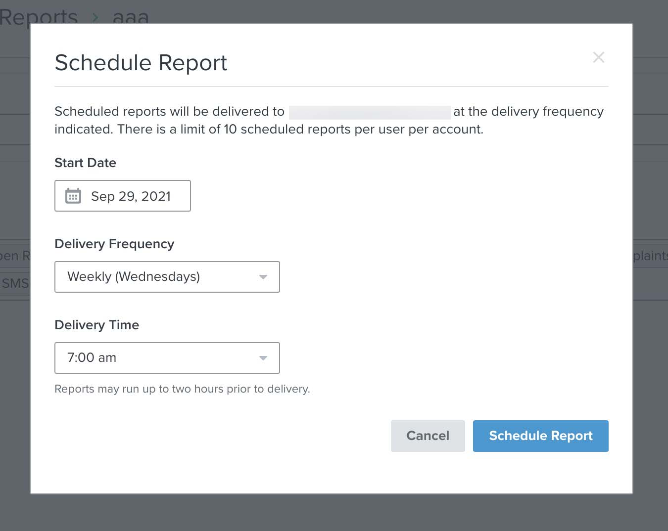 The schedule report modal with start date calendar picker, and dropdowns for delivery frequency and delivery time