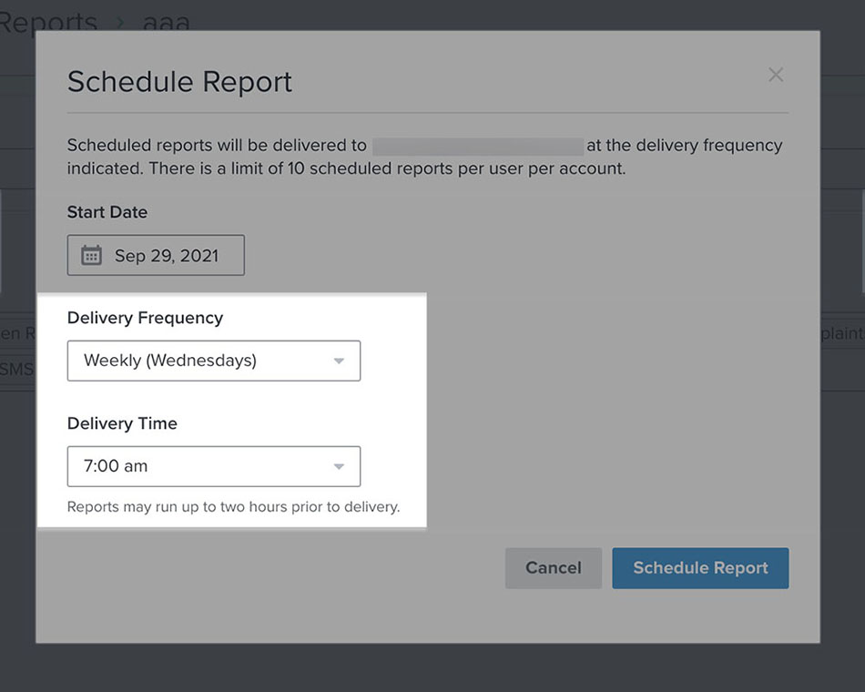 The schedule report modal with just delivery frequency and delivery time highlighted