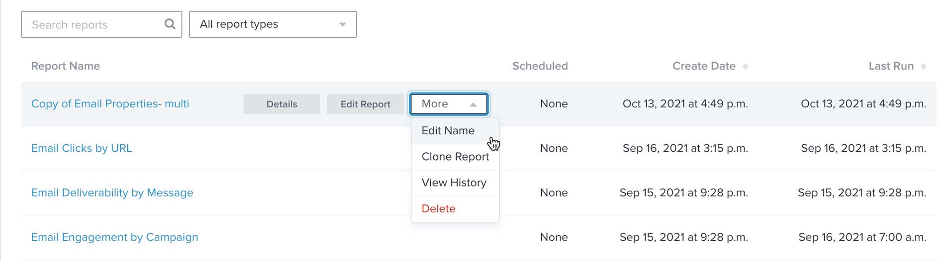 On the Custom Reports list page, clicking on the dropdown for More and choosing edit name