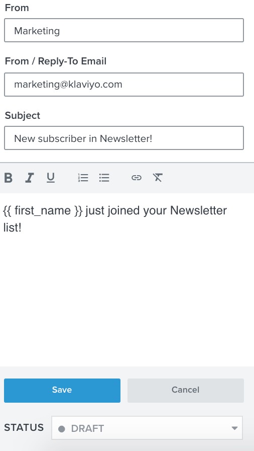 Content editor for a notification action found in the left sidebar of the flow builder.