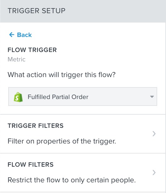 Selected Fulfilled Partial Order metric as the trigger in the flow builder.
