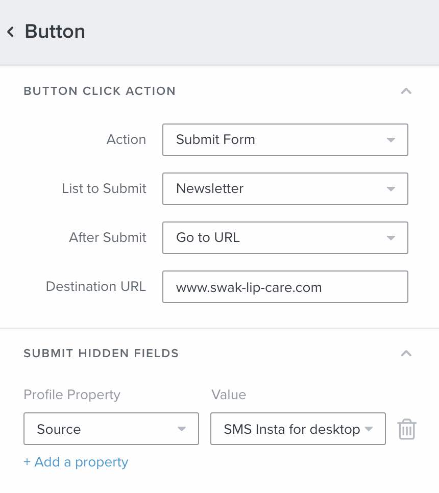 The button settings menu with the action set to submit form, the list to submit chosen, the after submit set to go to URL, and the destination URL filled in with a page on your website.