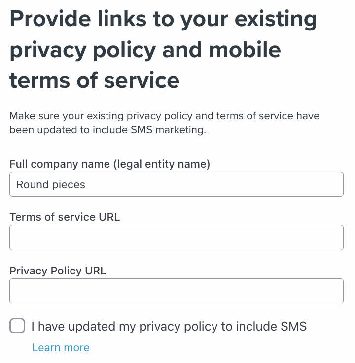 Step to add links to your mobile terms of service and privacy policy