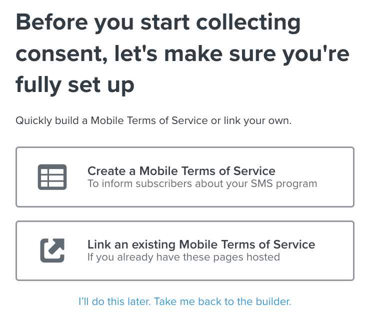 Step for picking whether you want to create a mobile terms of service in Klaviyo or link to an existing one