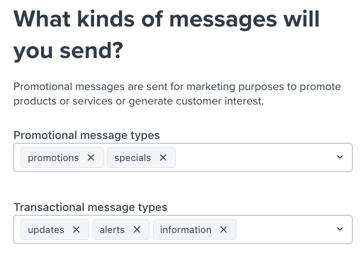 Step to choose what type of messages you plan to send with SMS