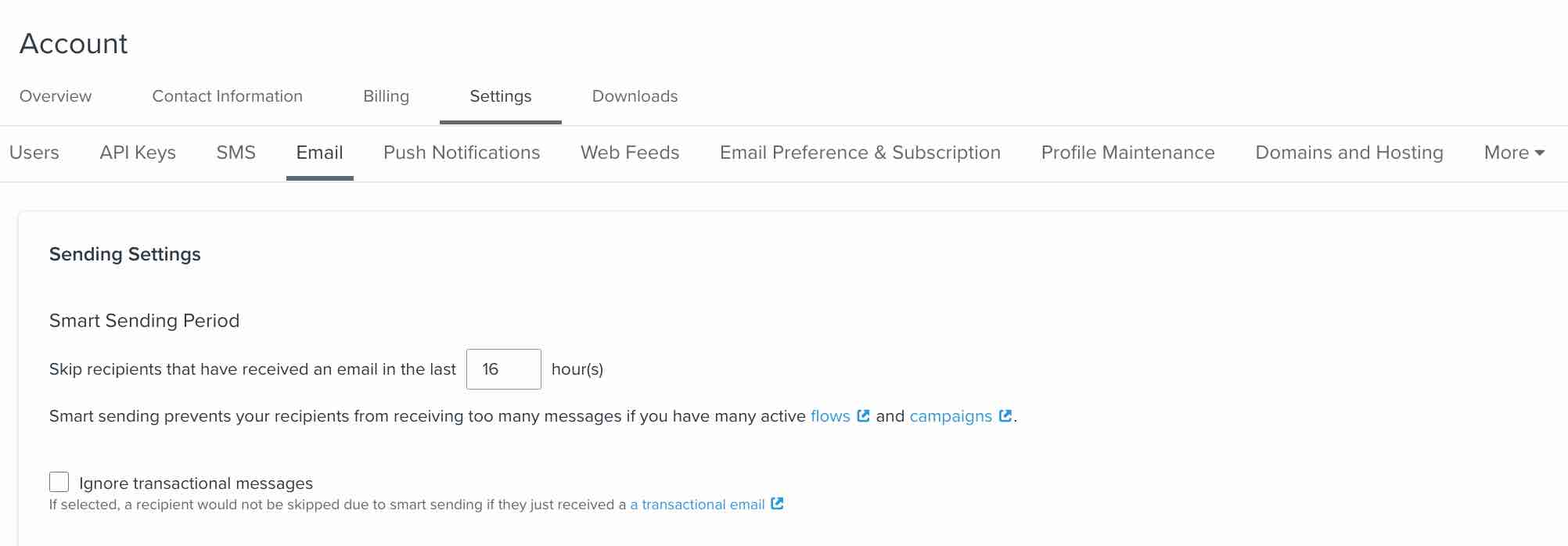 Smart Sending timeframe in the email settings page