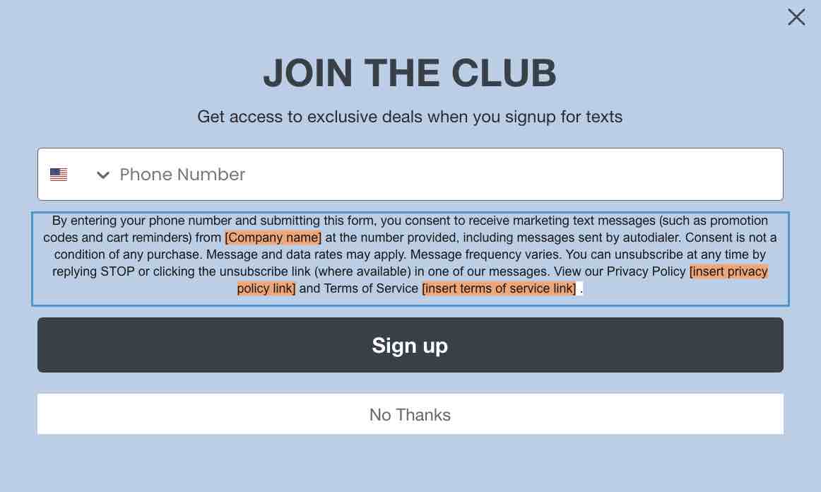The SMS opt-in step on an example form showing the opt-in language that Klaviyo automatically adds in.
