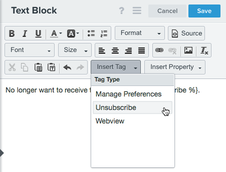Add the unsubscribe tag to a text block using the Insert Tag option in the Klaviyo email template editor