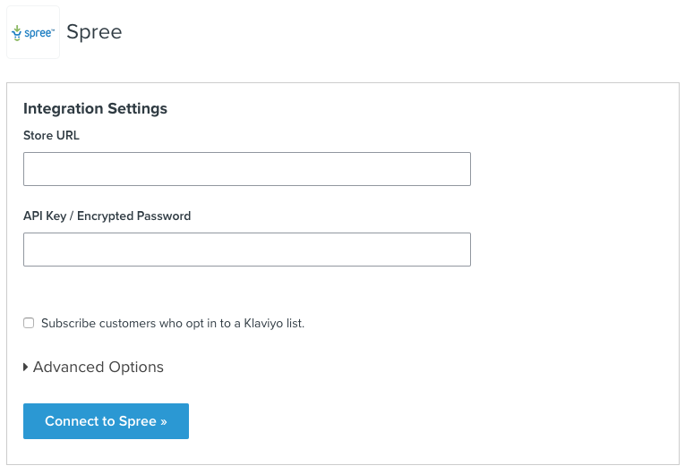 Spree integration settings page in Klaviyo with settings such as Store URL and API Key / Encrypted Password