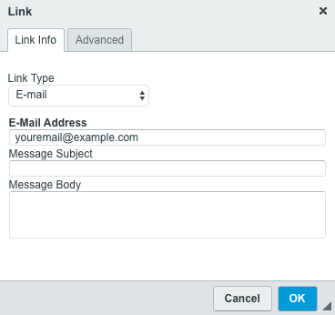 In the link modal, Link Type Email is selected and an email address has been added
