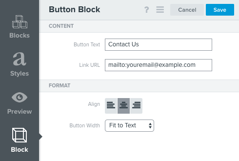In Klaviyo's classic editor, a button uses a mailto link to an email address