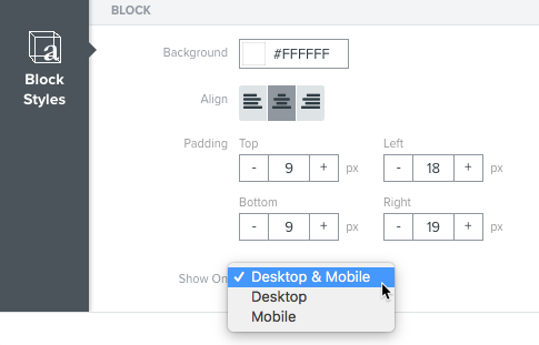 The desktop/mobile/both toggle in the Klaviyo template editor