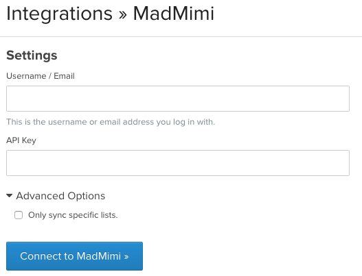 MadMimi integration settings page in Klaviyo showing Username Email, API Key, and Only sync specific lists settings with Connect to MadMimi with blue background