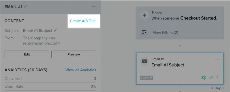In the flow builder, the option to 'Create A/B Test' will appear in the sidebar when clicking on a message.