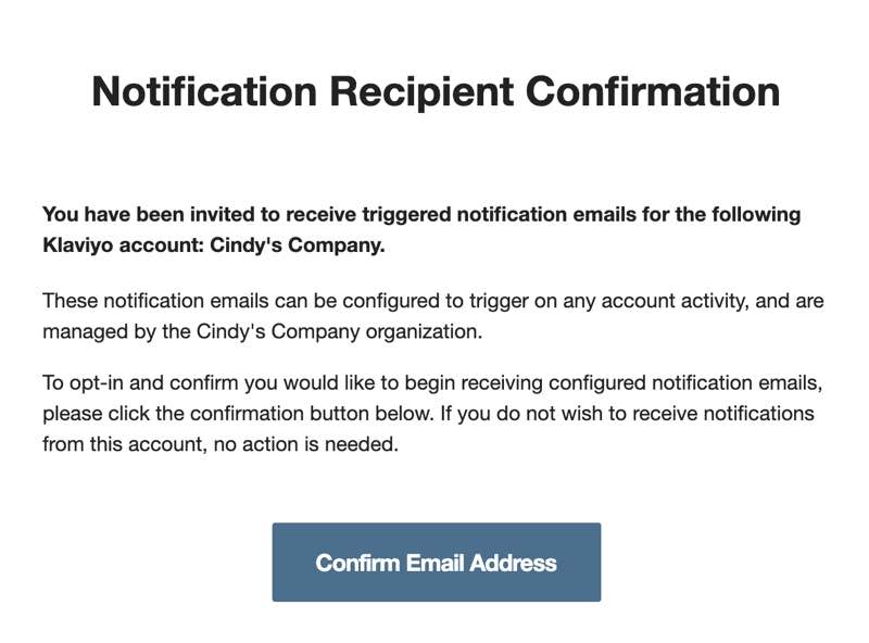 Example of an notification confirmation email with a 'Confirm Email Address' button.
