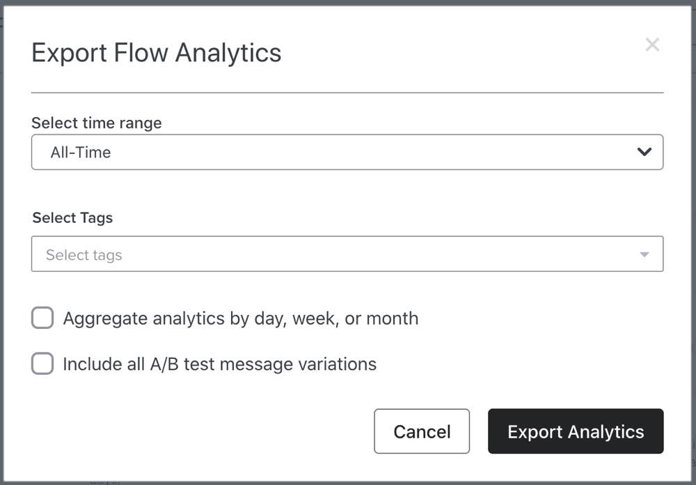 Export Analytics modal viewed after clicking the Export Analytics option on the Flows tab.
