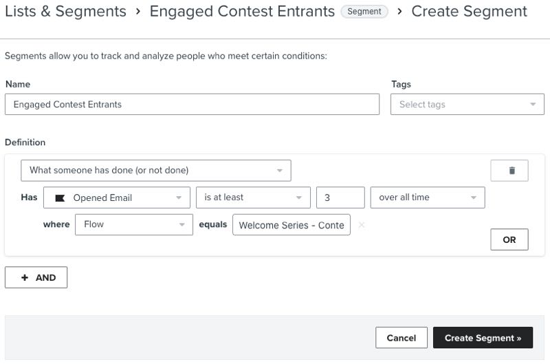 Example configuration for an engaged contest entrants segment.