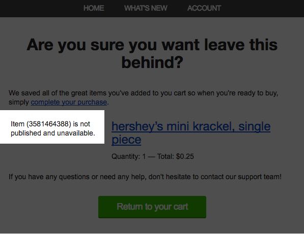 Example of an email preview showing a message that a specific item is unavailable.