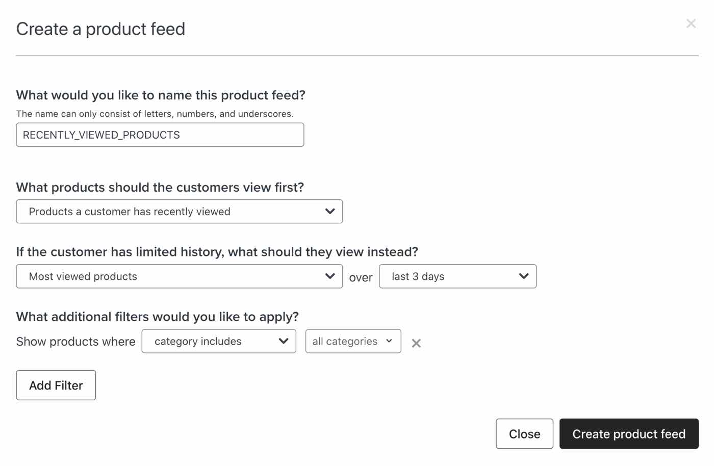 The modal to create a new product feed from the email template editor