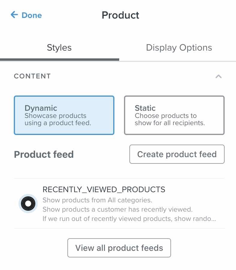 A product block with a product feed selected in the email template editor