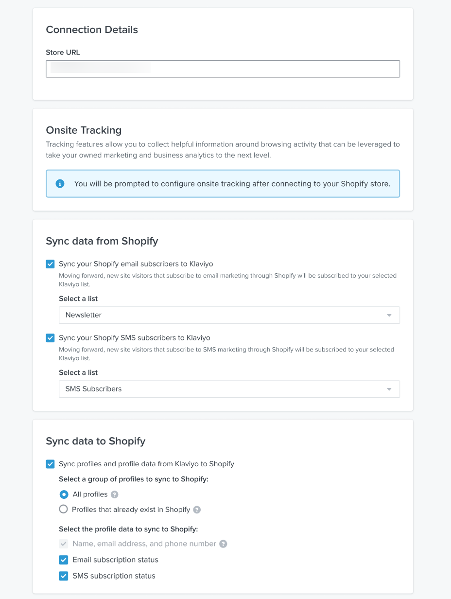 Shopify integration settings page in Klaviyo showing onsite tracking section, sync data from Shopify section, and Sync data to Shopify section