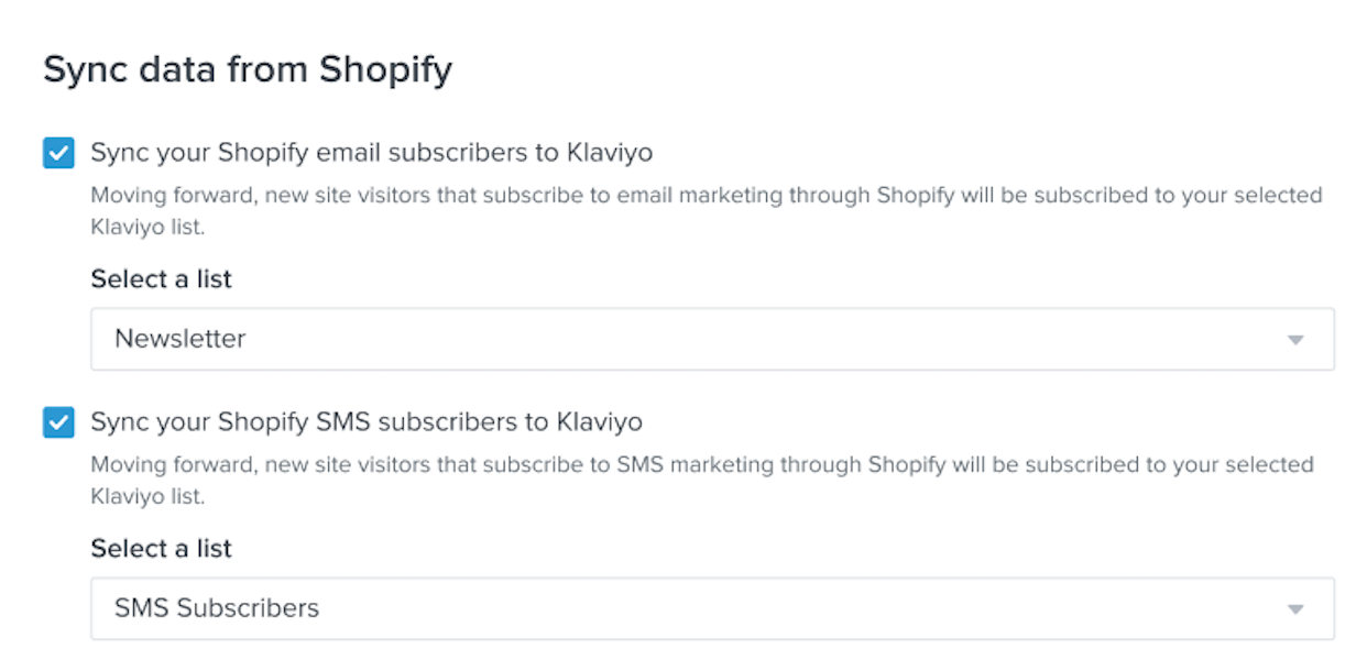 Shopify integration settings page in Klaviyo Sync data from Shopify section with options for email and SMS