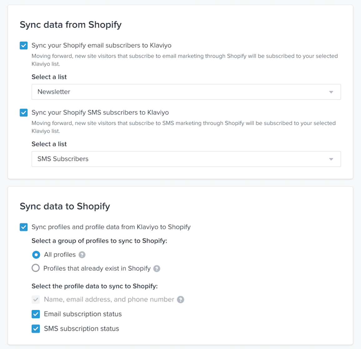 Shopify integration settings page in Klaviyo showing Sync data from Shopify and Sync data to Shopify sections