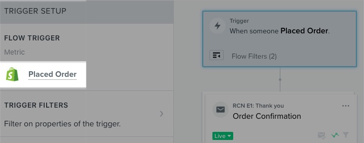 Left sidebar found when clicking on the flow trigger with Placed Order as the trigger.