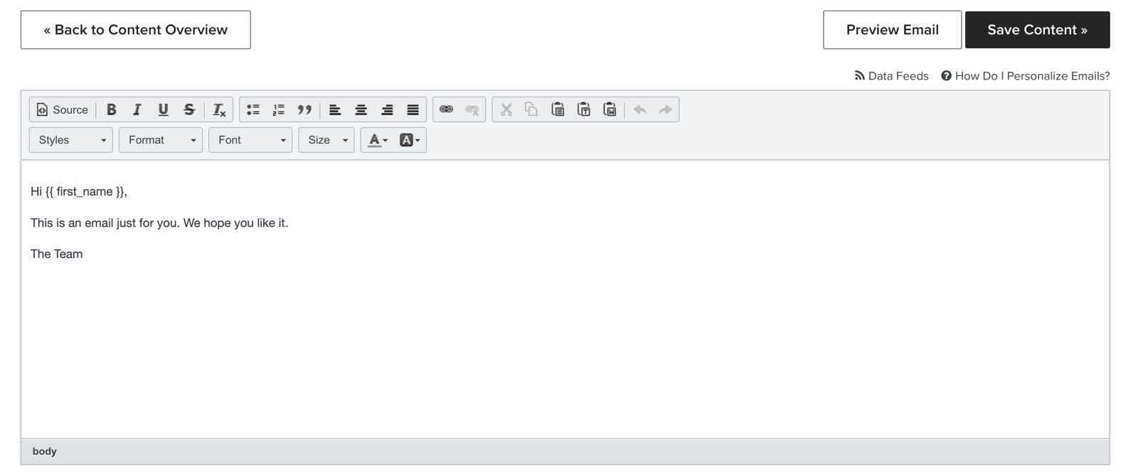Klaviyo's text only email editor
